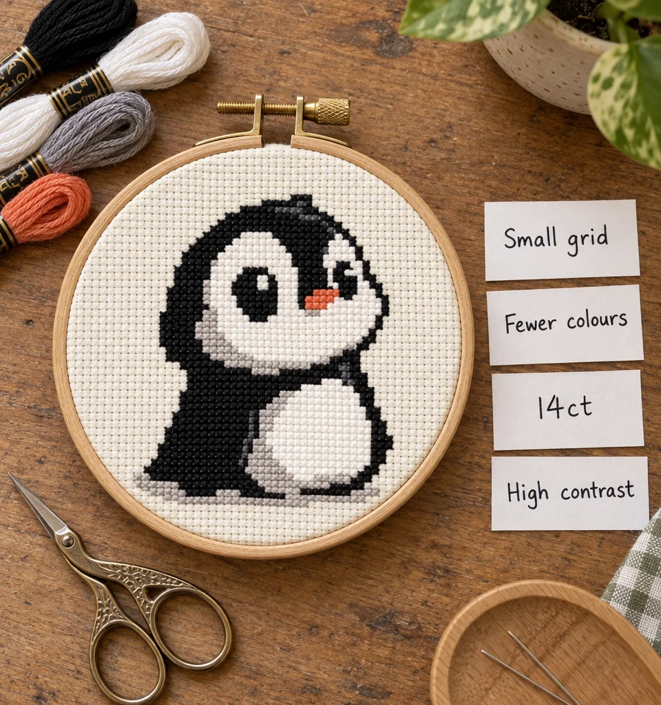 Photo of a small wooden embroidery hoop with a finished counted cross-stitch (CT) penguin on cream 14-count Aida, beside four paper cards reading Small grid, Fewer colours, 14ct and High contrast, with floss skeins and embroidery scissors nearby.
