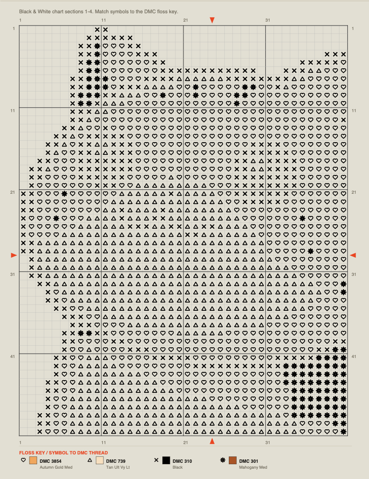 Black-and-white Stitchplot PDF symbol chart with a repeated DMC floss key