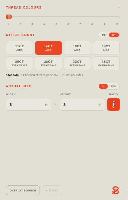 Stitchplot Studio CT mode with fabric count, stitch count and actual-size controls