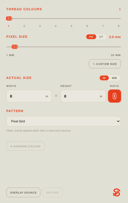 Stitchplot Studio PX mode with pixel-size and pattern controls