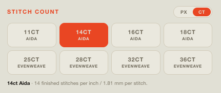 Stitchplot Studio stitch-count choices for Aida and evenweave fabric